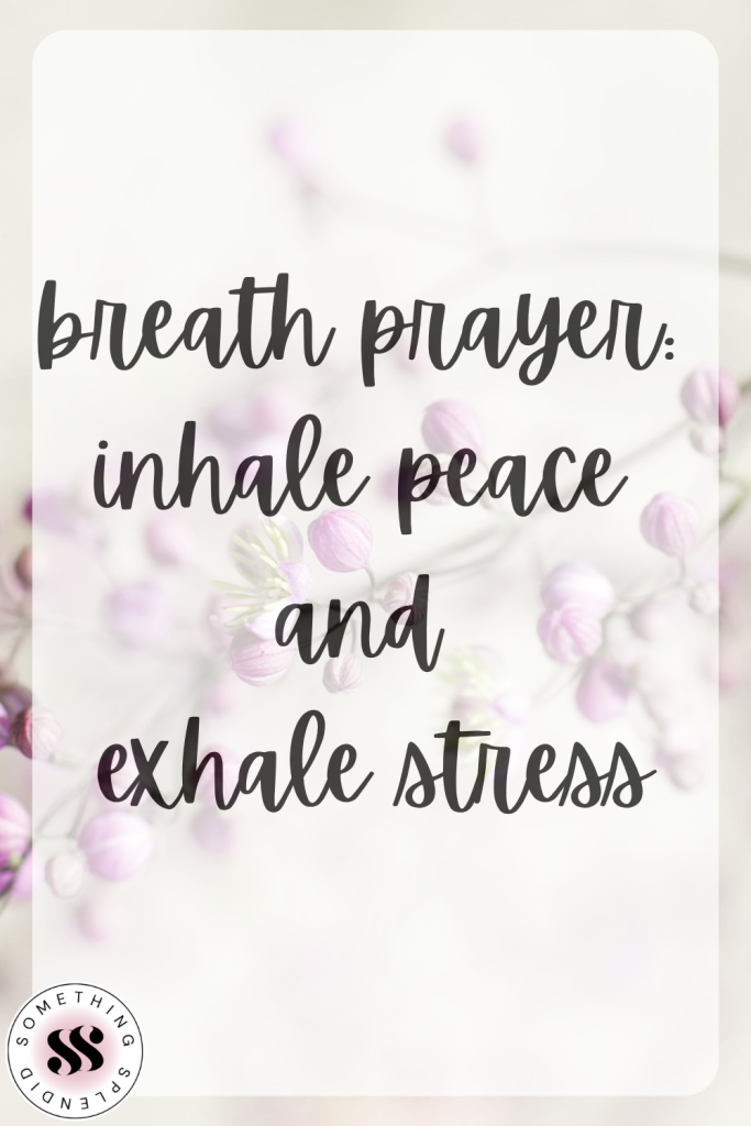 delicate pink flowers with text "breath prayer: inhale peace and exhale stress"