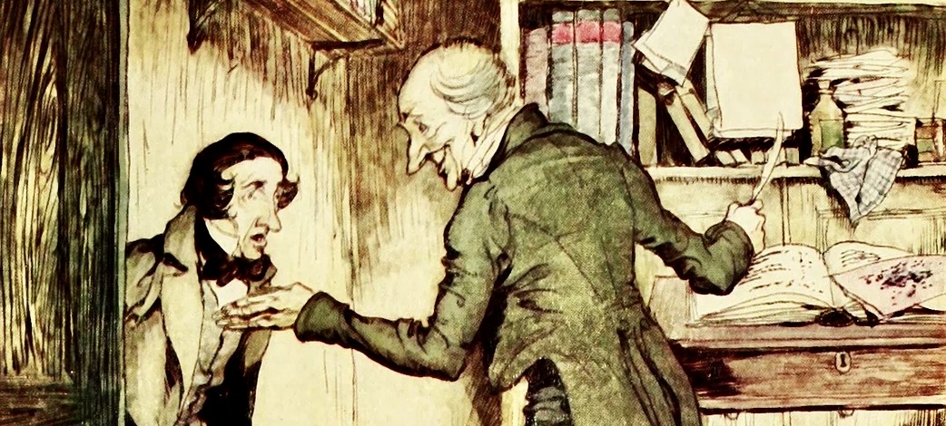 vintage sketch of Scrooge and Cratchit at the office