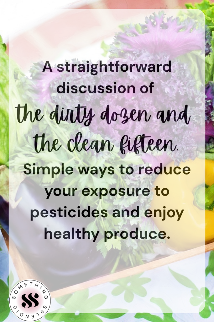 fresh produce in the background with text "A straightforward discussion of 
the dirty dozen and 
the clean fifteen.
Simple ways to reduce your exposure to pesticides and enjoy healthy produce."
